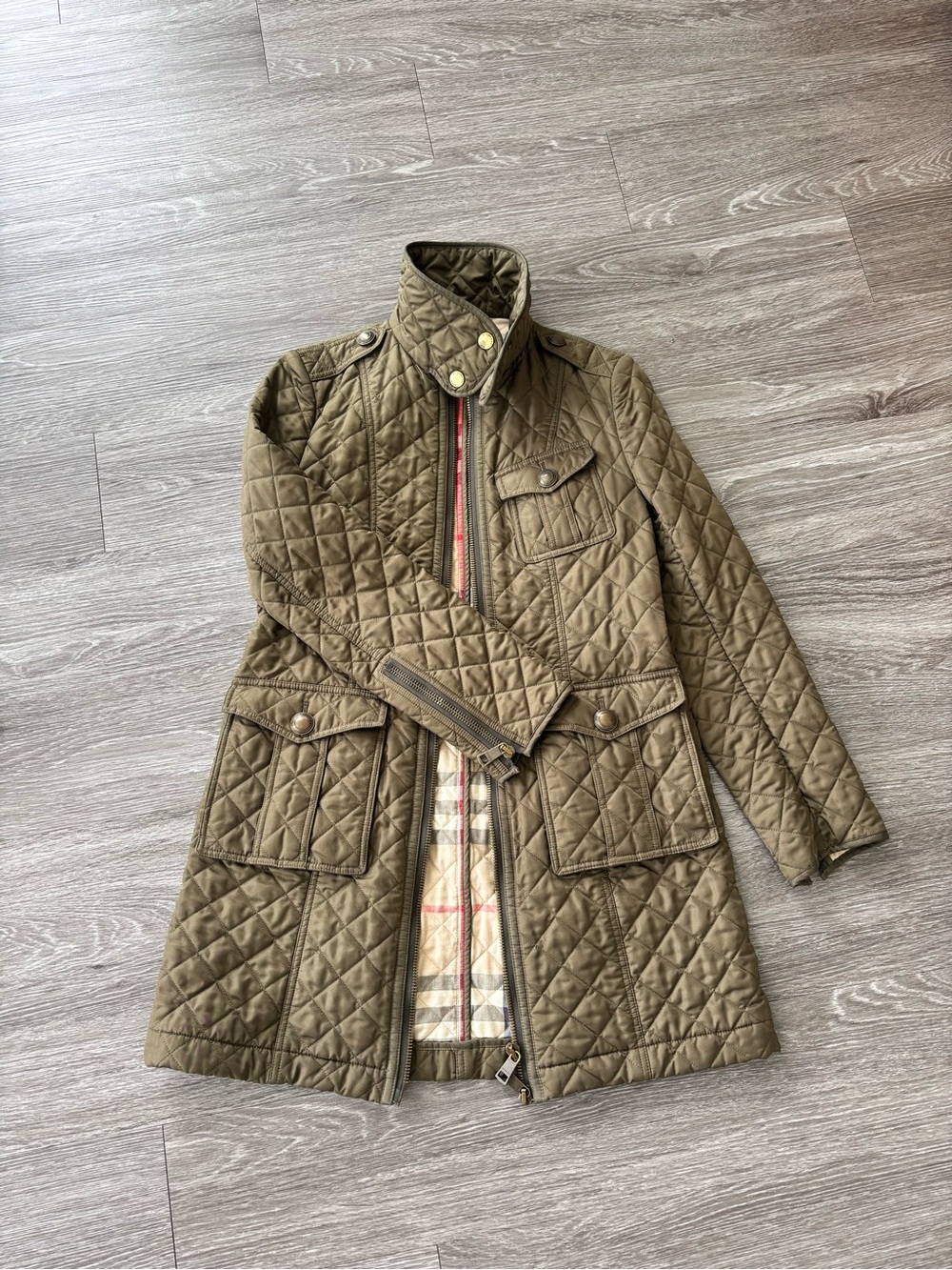 Burberry Olive Quilted Belted Trench Coat - Picture 2 of 6